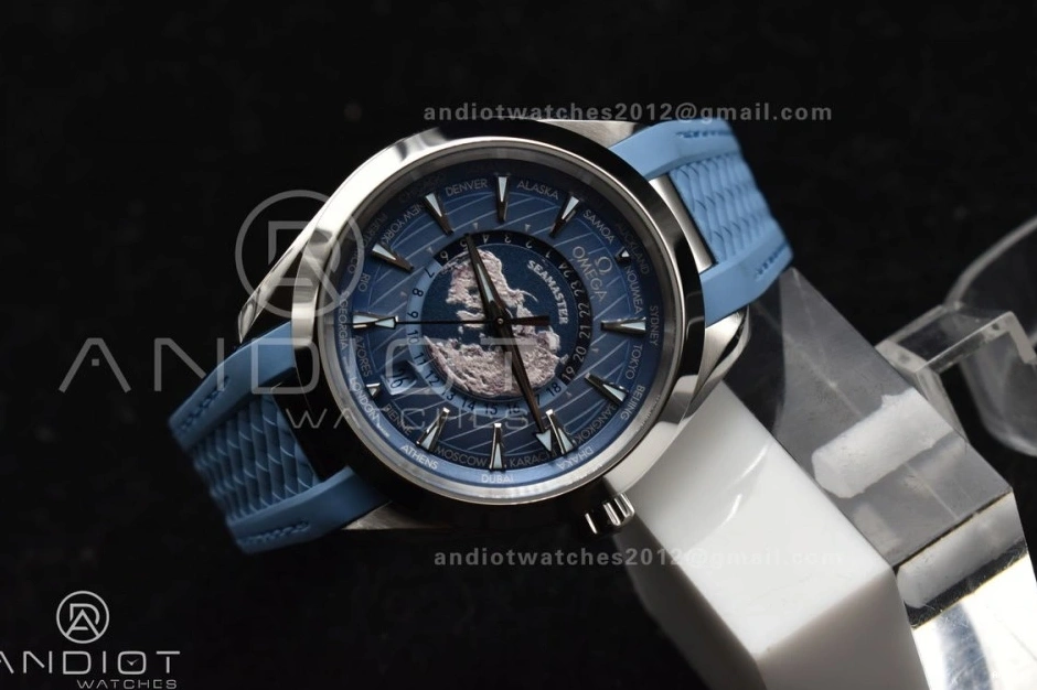 Blue 43mm Clone Dial Best Blue Aqua Rubber 1:1 Edition Super Summer A8938 Strap Terra on GMT VSF Worldtimer 1225
